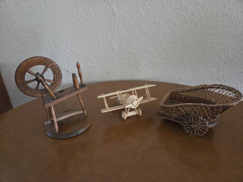 3 Vintage mini wooden figures- spinning wheel, biplane, buggy