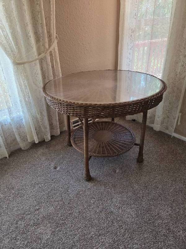 Vintage Round Wicker Table with Glass top
