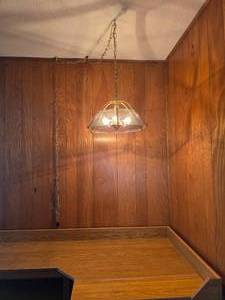 VINTAGE polished brass chandelier with clear beveled glass panels