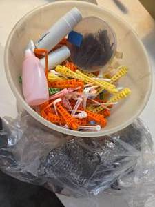 VINTAGE Bucket of Curlers & curling rods different styles and sizes, container of bobby pins