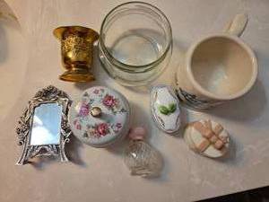 Assortment of bathroom trinkets- Ceramic ringearring holders, vintage perfume bottle, etc....