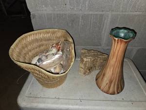 seashell lot with vase and vintage rock