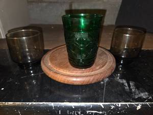 VINTAGE Wood Charcuterie board with Glass dome and 3 glasses
