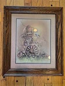 VINTAGE Rustic Scene Weathered wagon with flowers