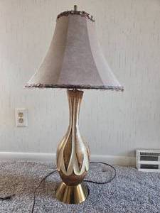 Vintage Brass lamp with Feather rimmed lamp shade