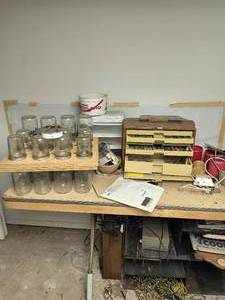 WHOLE TABLE of woodworking accessories & jars