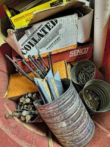 WHOLE BUCKET of Power staples, industrial screws, heavy duty nails and more