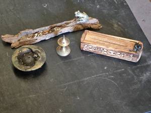 Incense Burners and Holders Set including Wooden Box, Brass Holder, and Frog on Driftwood