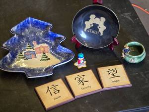 Assorted Home Decor Items including Gemini Plate, Christmas Tray