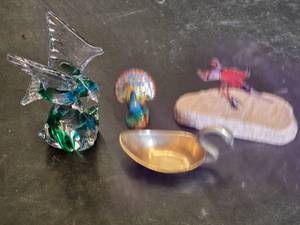 Glass Bird Figurine, Peacock Figurine, Brass Swan Dish, and Metal Bird Sculpture