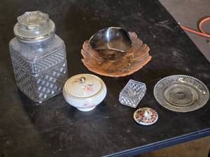 Vintage Glassware and Ceramic Items Lot including Glass Jar, Floral Ceramic Dish, and Glass Plates