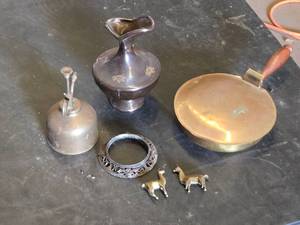 Brass and Bronze Decorative Items including Vintage Sprayer, Engraved Pan, and Figurines