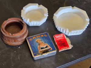 Assorted Smoking Accessories including Camel Lights Tin, Midnight Special Papers, and Ashtrays