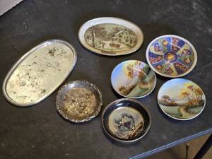 Hand-Painted Decorative Plates and Trays Assortment including Currier & Ives Winter Scene and Japanese Plates