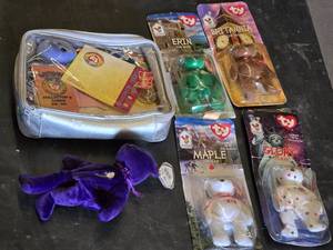 Ty Beanie Babies Collection including Britannia, Erin, Maple, Glory, and Purple Bear in Collectors Case
