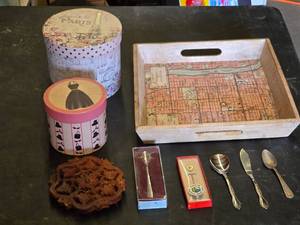 Decorative Paris Box, Map Tray, and Collectible Spoons Set