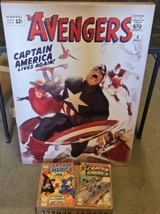 Avengers and Captain America Comic Books and Canvas Poster (Damage can be seen on back)