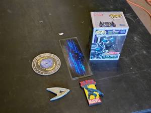 Funko Pop Black Panther Target Exclusive, Federation of Planets Coaster, Starfleet Badge, and Black Panther Marvel Magnet