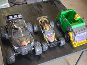 New Bright RC Monster Truck, RC Buggy, and Green Toy Garbage Truck - No Controllers