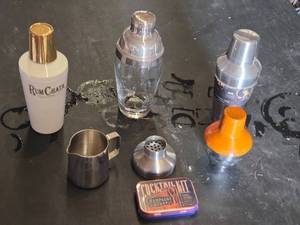 Cocktail Shakers and Barware Collection Including RumChata Bottle, Metal Shaker, Glass Shaker, and Cocktail Kit