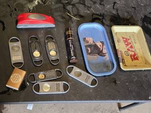 Cigar Accessories including Cigar Cutters, RAW Rolling Tray, and Golden Valley Lighter
