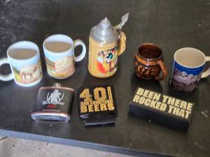 Lot of Beer Mugs, Flask, and Large Glass Bottle with Accessories