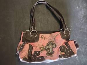 Pink and Brown Camouflage Purse with Cross Design