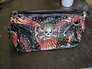 Pink and Black Skull Handbag and Wallet Set