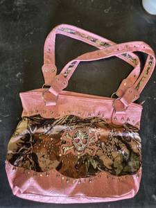 Pink Skull and Camo Handbag with Stud Accents