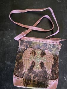 Pink Crossbody Bag with Camo and Stud Embellishments