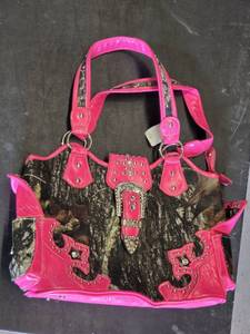 Pink Camouflage Handbag with Rhinestone Accents