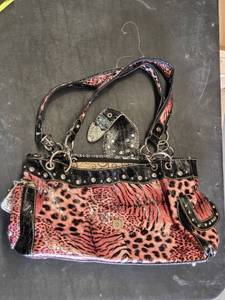Womens Handbag with Animal Print and Studded Details