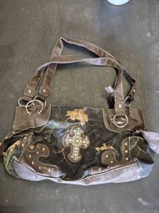 Brown Camo Print Handbag with Rhinestone Cross Design