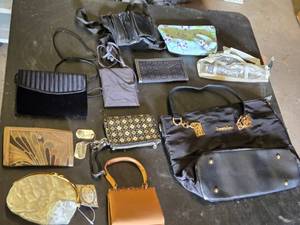 Lot of Various Handbags and Clutches including Magnolia Satin Pouch, Fashion Black Tote, and Floral Zip Pouch