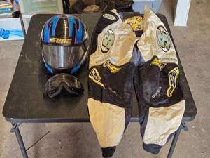 Sune Helmet and Sinisalo Racing Suit with Goggles - Inseam 27, Waist 30 appriox.