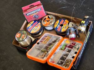 Fishing Gear Lot including Zebco OmniFlex, SpiderWire Stealth, and Ozark Trail Monofilament Lines, Reels, and Tackle Box