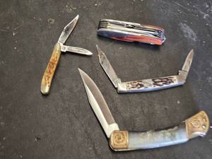 Various Pocket Knives and Multi-Tool Set Including Folding Knives and Swiss-Style Multi-Tool