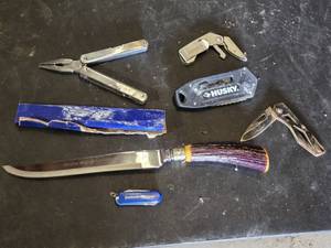 Lot of Hand Tools including Husky Utility Knife, Gerber Mini Multi-Tool, and Leatherman Multi-Tool