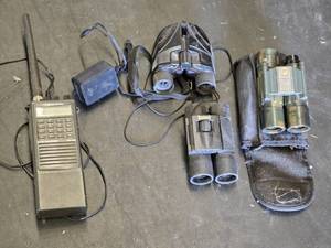 Realistic HTX-202 VHF FM Transceiver (flashes ER 1), Tasco and Bushnell Binoculars with Adapter
