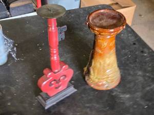 Red Key Candle Holder and Brown Ceramic Vase