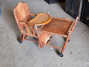 Antique Wooden High Chair with Tray and Wheels