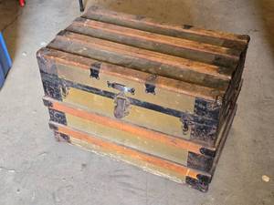 Antique Steamer Trunk with Wooden Slats and Metal Hardware