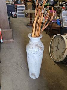 Large Distressed White Metal Vase with Decorative Rivets and Dried Foliage - 38 tall