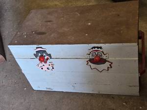Wooden Storage Chest with Clown Decorations