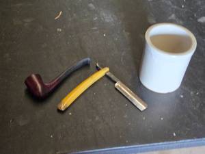 Hess Hair Milk Laboratories Straight Razor, Pipe and White Ceramic Mug