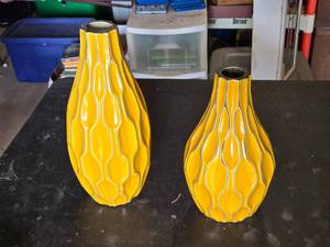 Ceramic Vases Set Including Yellow and Blue Geometric Patterned Vases