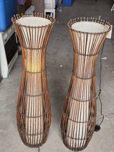 Rattan Floor Lamps with Fabric Shades - 43 12 - Some broken reeds