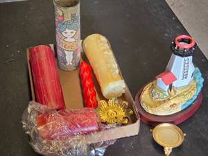 Box of Assorted Candles, Decorative Lighthouse, and Candle Holders