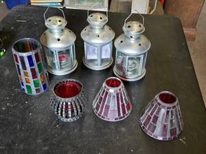 Set of Decorative Candle Holders and Lanterns including Mosaic Glass Shades