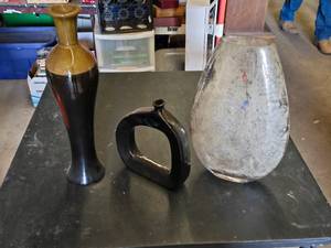 Tall Ceramic and Glass Vase Set including 19-Inch Brown Ceramic Vase, 16-Inch Clear Glass Vase, and 10-Inch Black Ceramic Vase